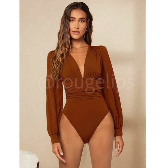 Rusty Brown Elegant V neck Bodysuit Long Bishop Sleeves Stretchy Ruched Waist - Picture 3 of 8